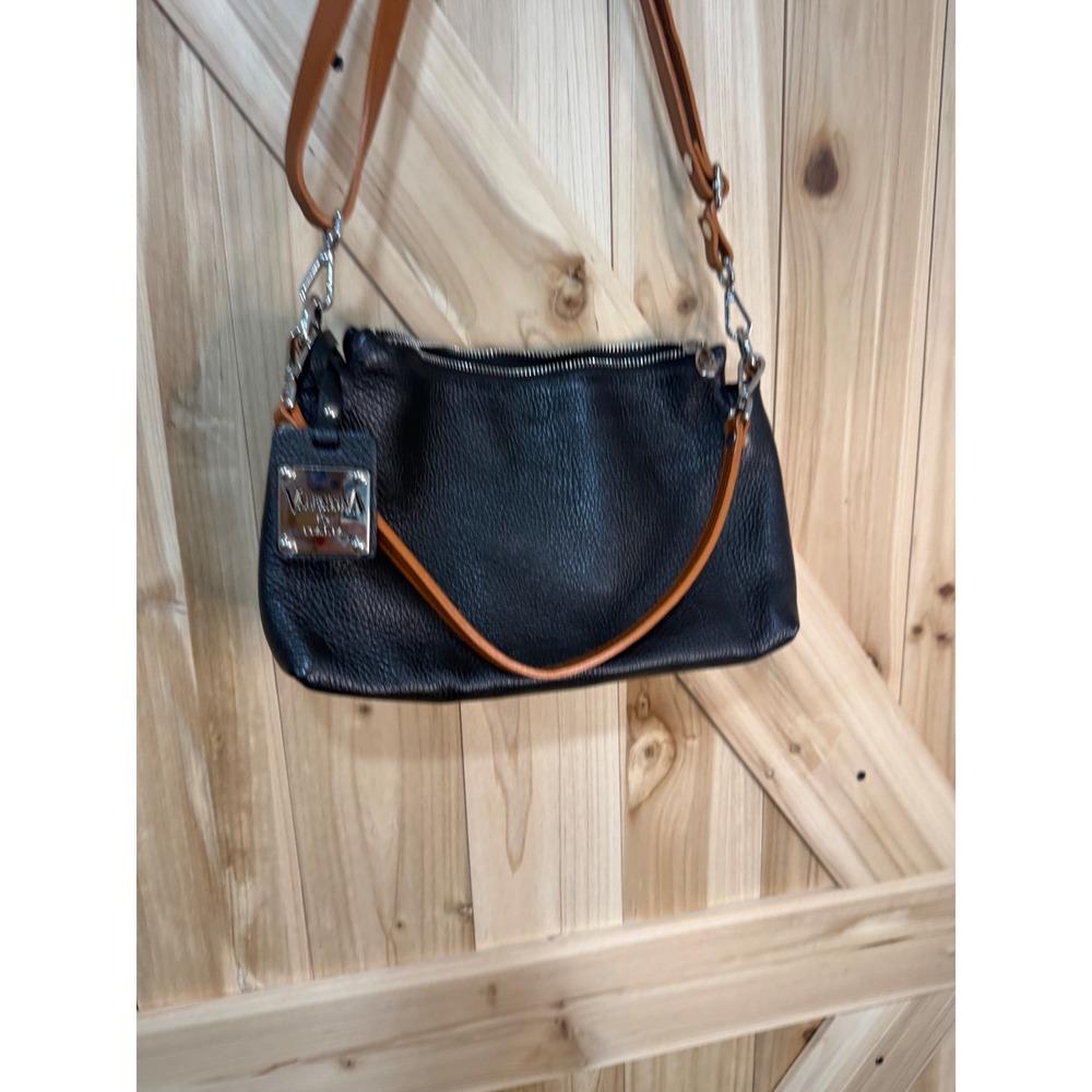 Valentina Italia Black Pebbled Leather Crossbody Bag Tan Straps- Made in Italy